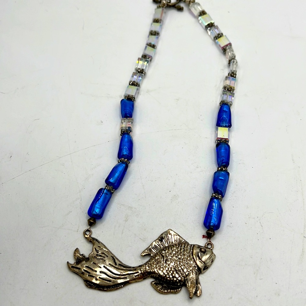 Artisan Glass Crystal Bead Fish Necklace Blue Aurora Borealis
